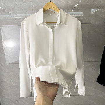 Riolio New Luxury Business Men Shirt Casual Vintage Dropping Long Sleeve Shirts Leisure Lapel Solid Color Covered Buckle Black Blouse